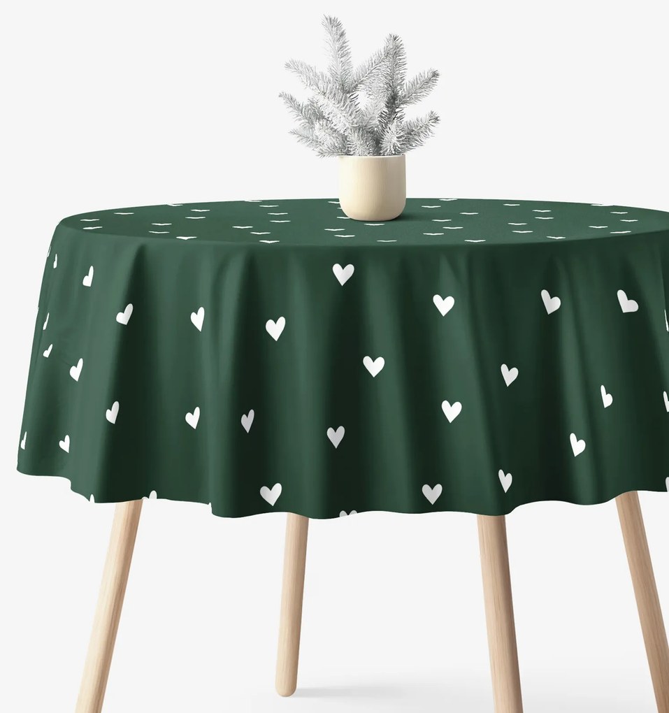 Goldea okrúhly obrus 100% bavlnené plátno - srdiečka na tmavo zelenom Ø 140 cm