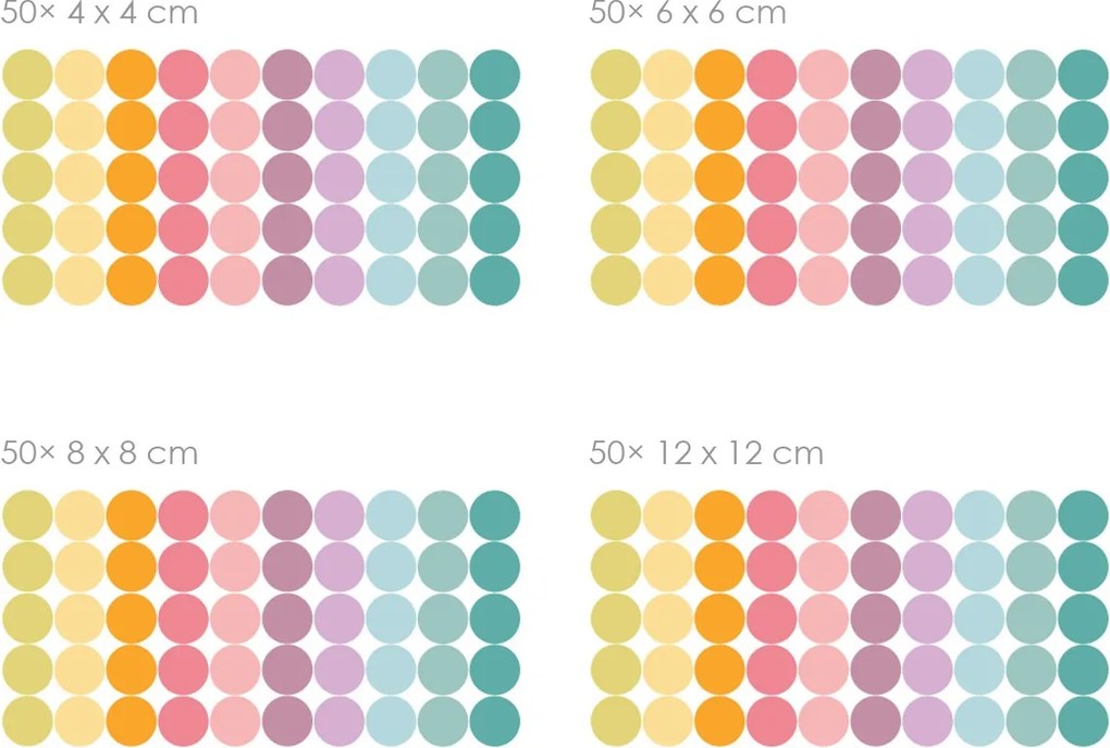 Pastelové bodky textilné prelepiteľné nálepky na stenu 50 ks 6x6 cm