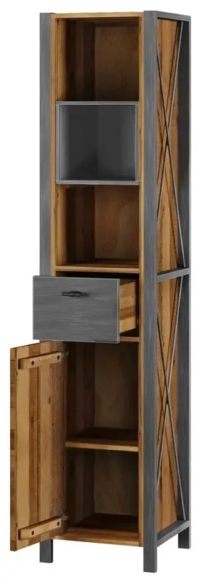 furniture-nabytek.cz - Masivní koupelnová vysoká skříňka Detroit z recyklované borovice a kovu, lakovaná, hnědá – 40×35×180 cm