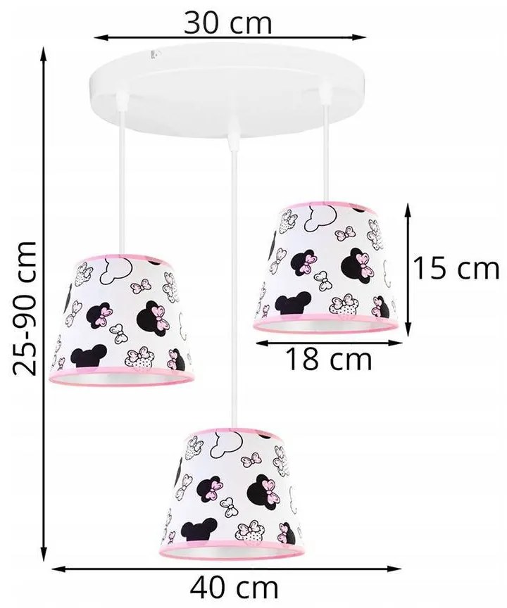 Detské závesné svietidlo Minnie, 3x textilné tienidlo so vzorom, o, s