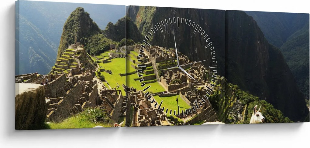 Obraz - Lamy v Machu Picchu (s hodinami) (90x30 cm)