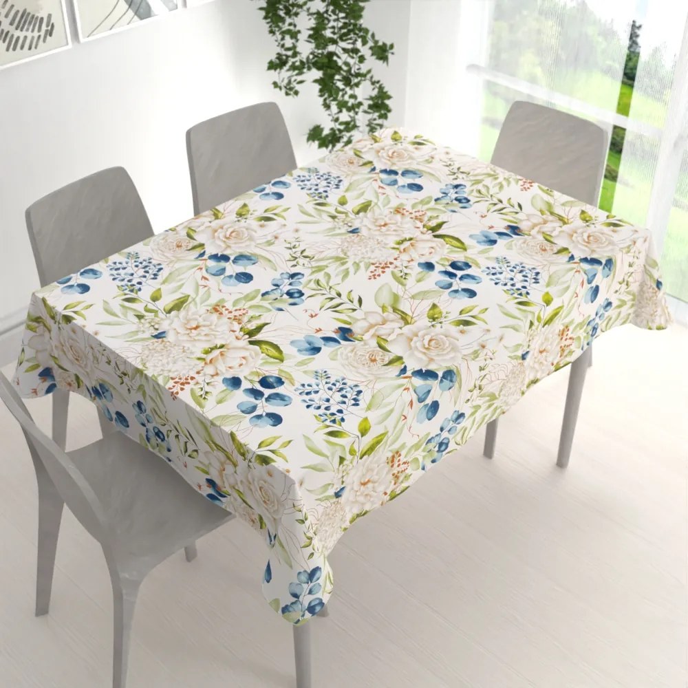 Biante Bavlnený obdĺžnikový obrus Sandra SA-668 Kvety a modro-zelené listy na bielom 50x100 cm