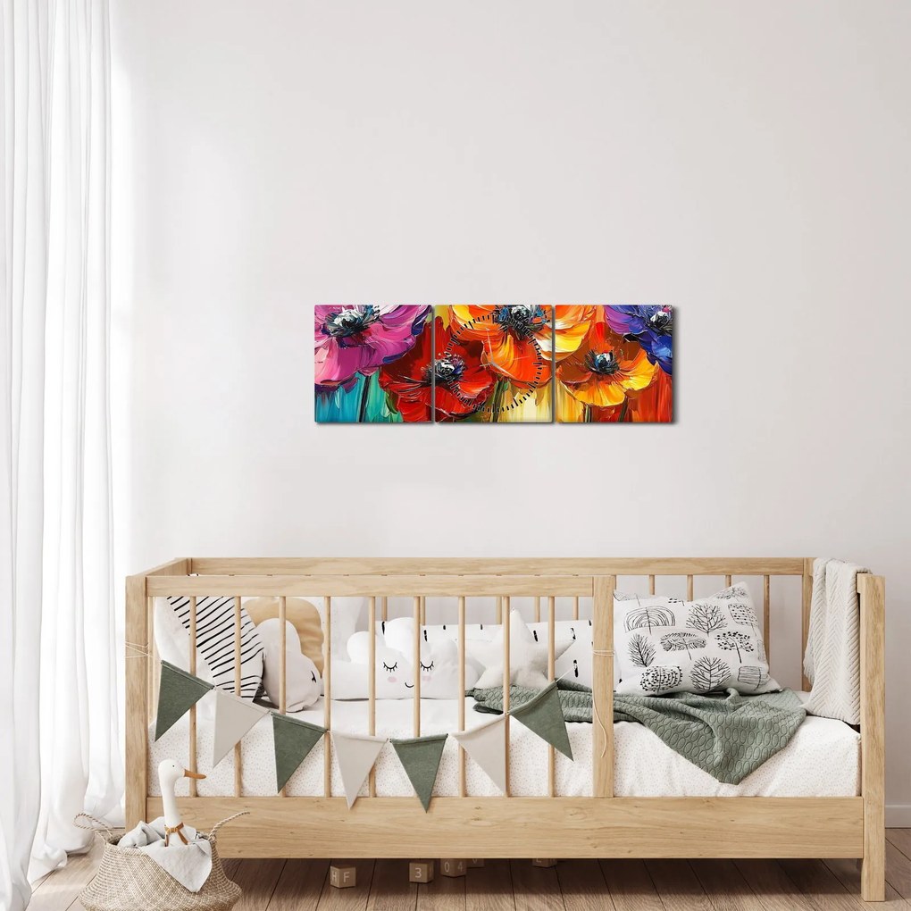 Obraz - Päť pestrofarebných kvetov (s hodinami) (90x30 cm)