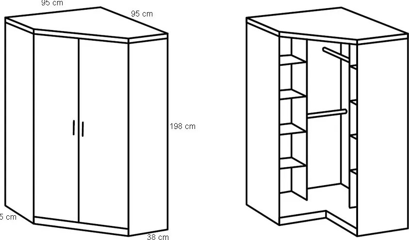Rohová šatníkova skriňa Cariba, dub san remo/biela
