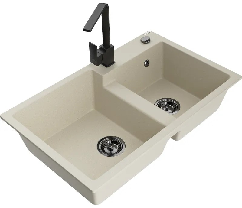 Mexen Tomas, granitový drez 800x500x190 mm, 2-komorový a čierna batéria Rita, béžová, 6516-69-670300-70