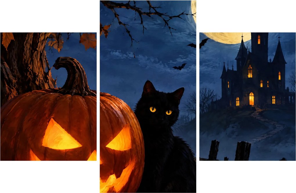 Obraz - Čierna mačka pri svietiacej tekvici na Halloween (90x60 cm)