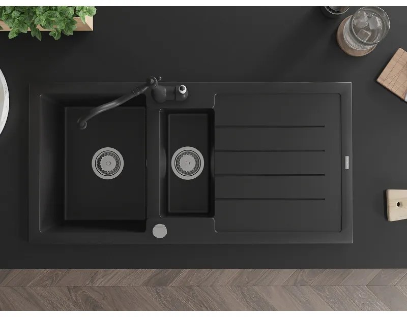 Mexen Andres, granitový drez 1000x500x200 mm, 1,5-komorový a drezová batéria Carla, čierna, 6515-77-670700-70