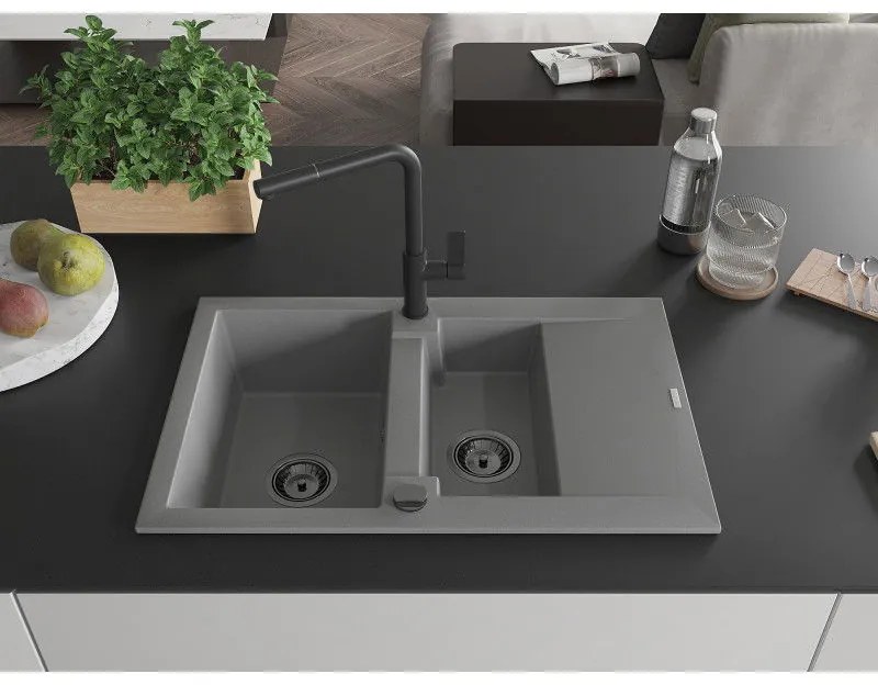 Mexen Gaspar, 1,5-komorový granitový drez 737x475x177 mm a drezová batéria Flora, šedá, 6507-71-670401-70-B