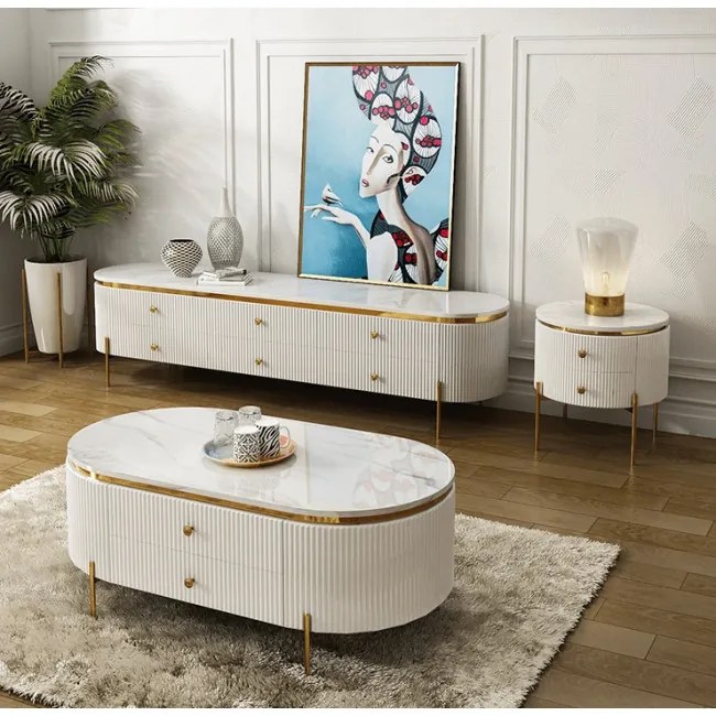 NOČNÝ STOLÍK GASTON BIELY + ZLATÉ NOHY + SYNTETICKÝ MRAMOR