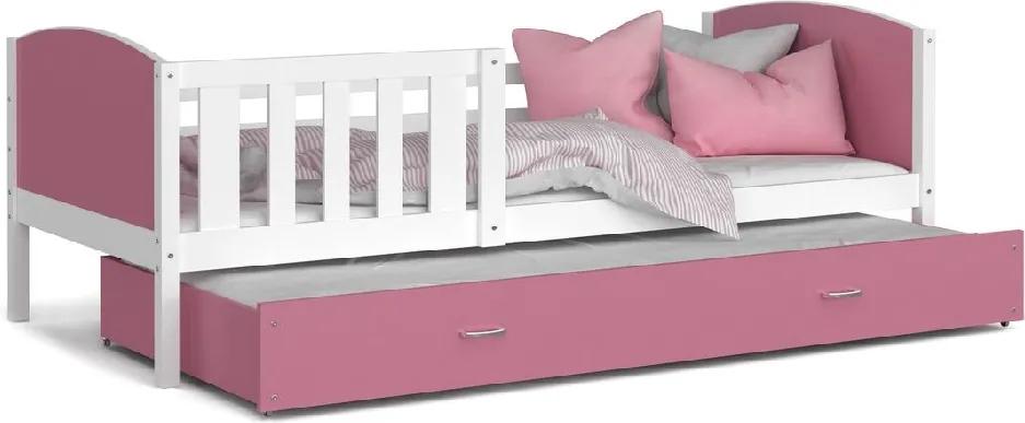 Expedo Detská posteľ DOBBY P2 COLOR + matrac + rošt ZADARMO, 190x80 cm, biela/ružová
