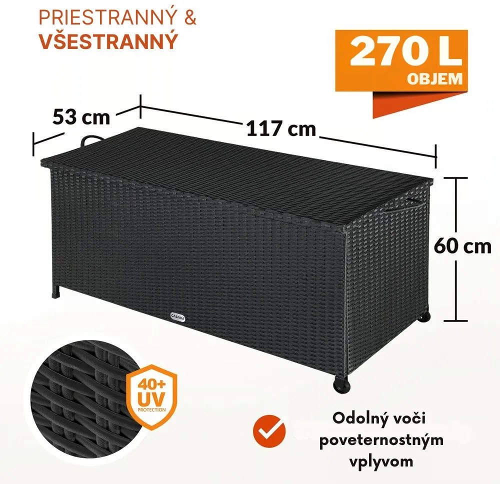 Polyratanový úložný box RICCO, 270L, 117x53x60cm, čierna Casaria