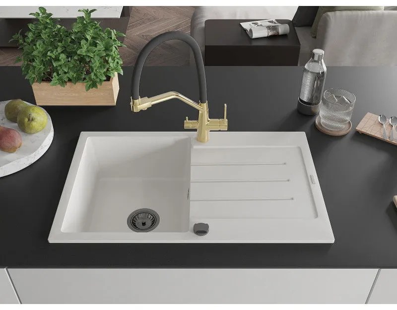 Mexen Bruno, 1-komorový granitový drez 795x495x200 mm a drezová batéria Duo, biela, 6513-20-671701-57-B