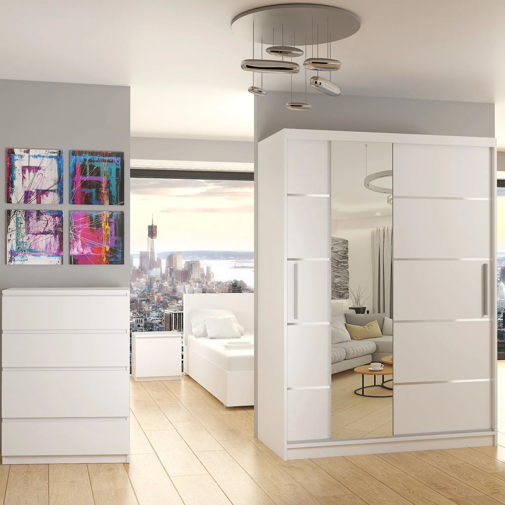 Šatníková skriňa 133 cm Belini biely mat s posuvnými dverami zrkadlom a zásuvkami  MBP SZP6/1/W/W/0/KLAL