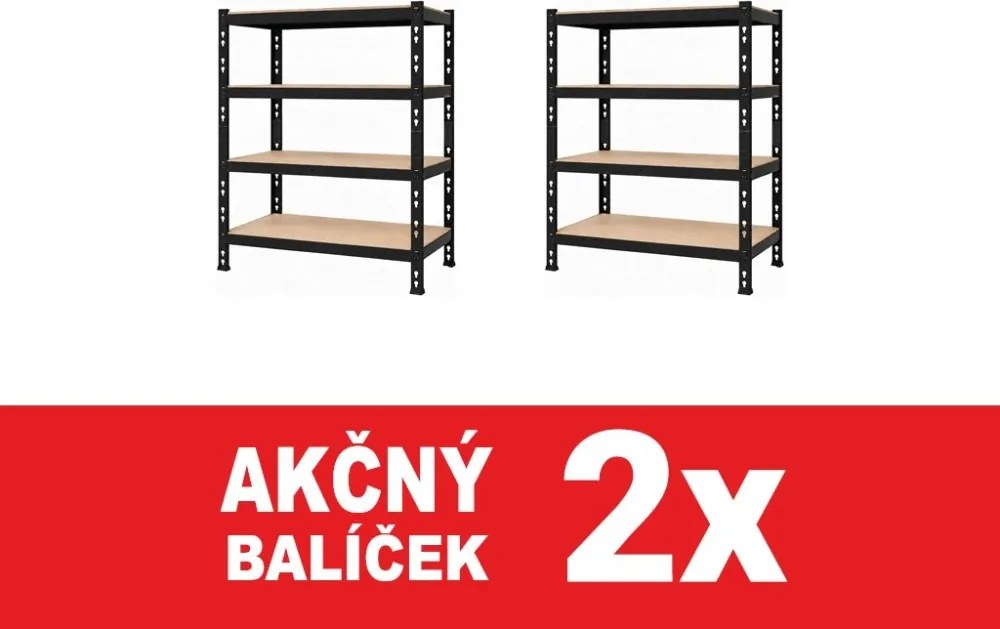 Akcia 2x Regál 180x160x50 cm profesionálny 4-policový, nosnosť 1600 kg - čierny - 2ks