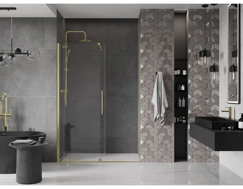 Mexen Velar, posuvné dvere do otvoru 140x200 cm, 8mm číre sklo, zlatá matná, 871-140-000-01-55