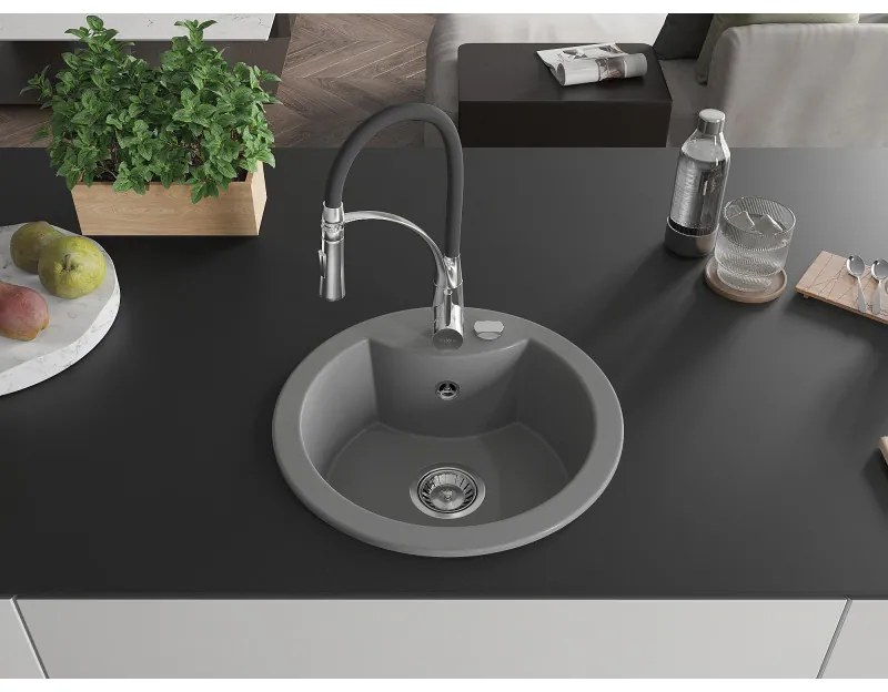 Mexen Diego, 1-komorový granitový drez 488x488x167 mm a drezová batéria Aster, šedá, 6512-71-73450-07