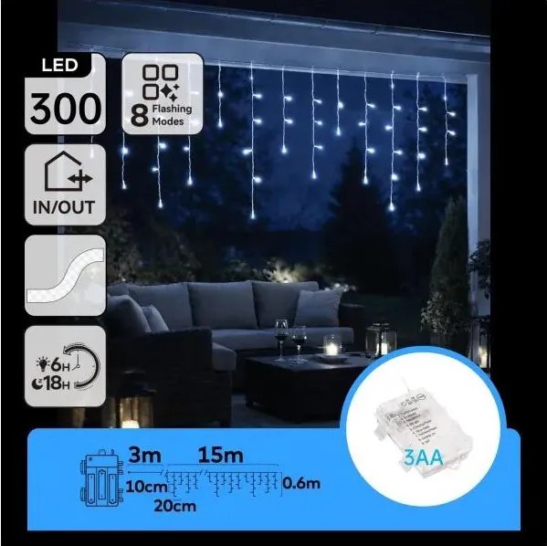 Aigostar - LED vonkajší vianočný reťaz 300xLED/8 funkcií 3xAA 18x06m IP44 studená biela