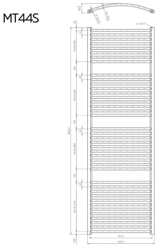 Mereo, Vykurovací rebrík 600x1690 mm, oblý, biely, stredové pripojenie, MER-MT43S