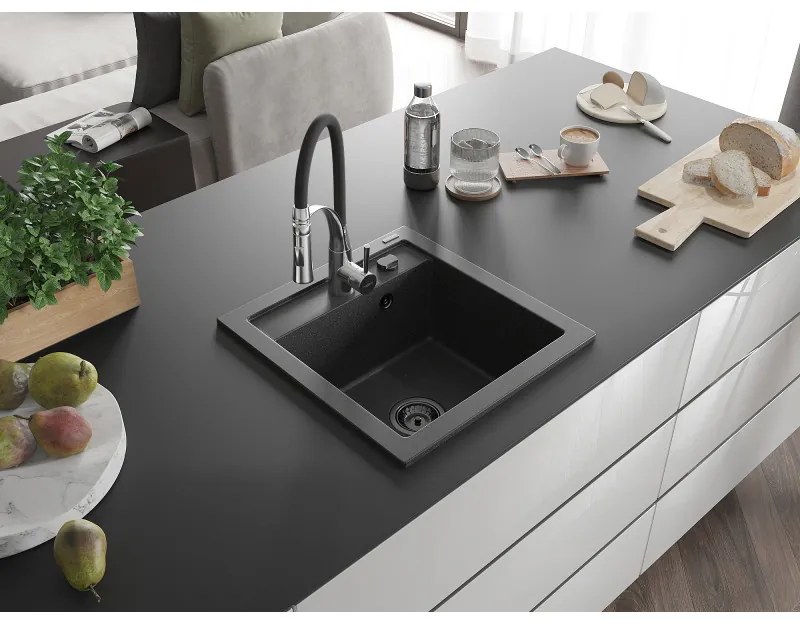 Mexen Vito, 1-komorový granitový drez 490x520x210 mm a drezová batéria Aster, čierna škvrnitá, 6503-76-73450-07-B