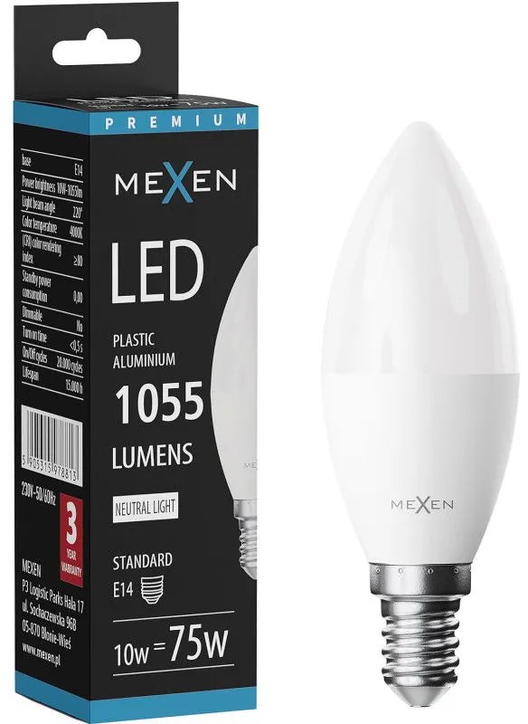 Mexen Nova, LED žiarovka E14, C37, 10W, teplá - 3000K, 1055 lm - L102-E14-1030-01