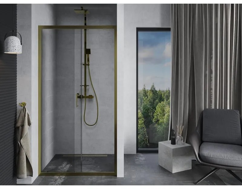 Mexen Apia, posuvné dvere do otvoru 140 x 190 cm, 6mm číre sklo, zlatý profil, 845-140-000-50-00