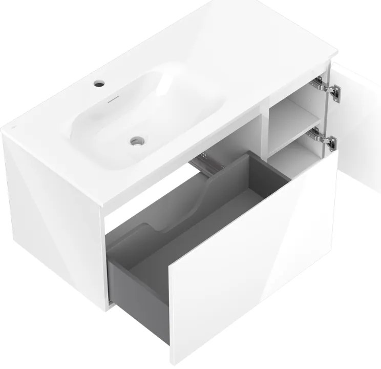 Mexen Orio, kúpeľňová skrinka 100 cm s umývadlom Vela vľavo, 1S, 1D, biela lesklá, 91A13-10047-3-BBFF00-W23L00