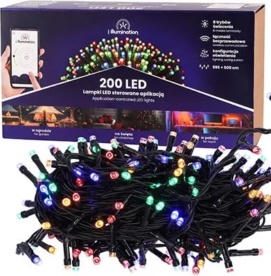 JU Svetelná reťaz SMART s 200 LED, viacfarebná, napájanie zo siete, vonkajšie použitie