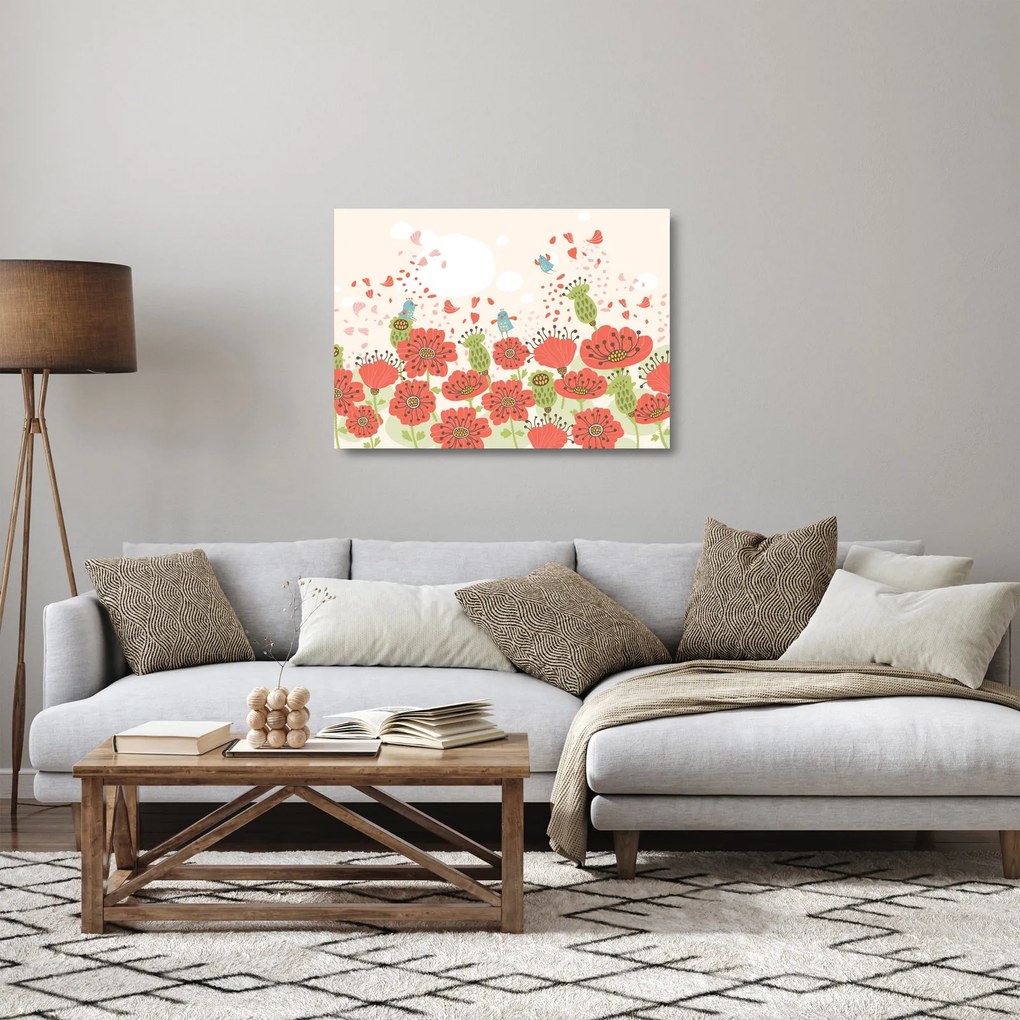 Sklenený obraz - Vtáčiky na rozkvitnutej lúke (70x50 cm)