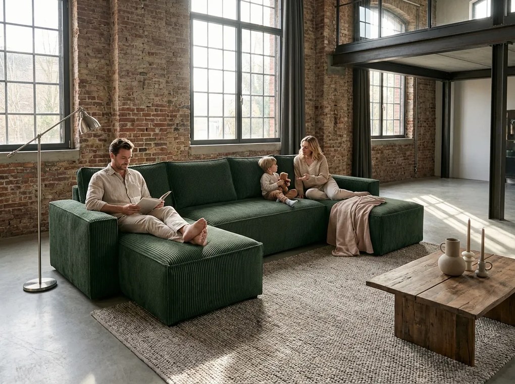 AKCIA Tmavozelená sedacia súprava do U SMART COSARO 295x140 cm II. akosť