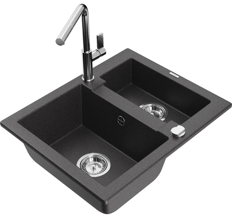 Mexen Carlos, 1,5-komorový granitový drez 582x475x177 mm a drezová batéria Flora, čierna škvrnitá, 6518-76-670401-00