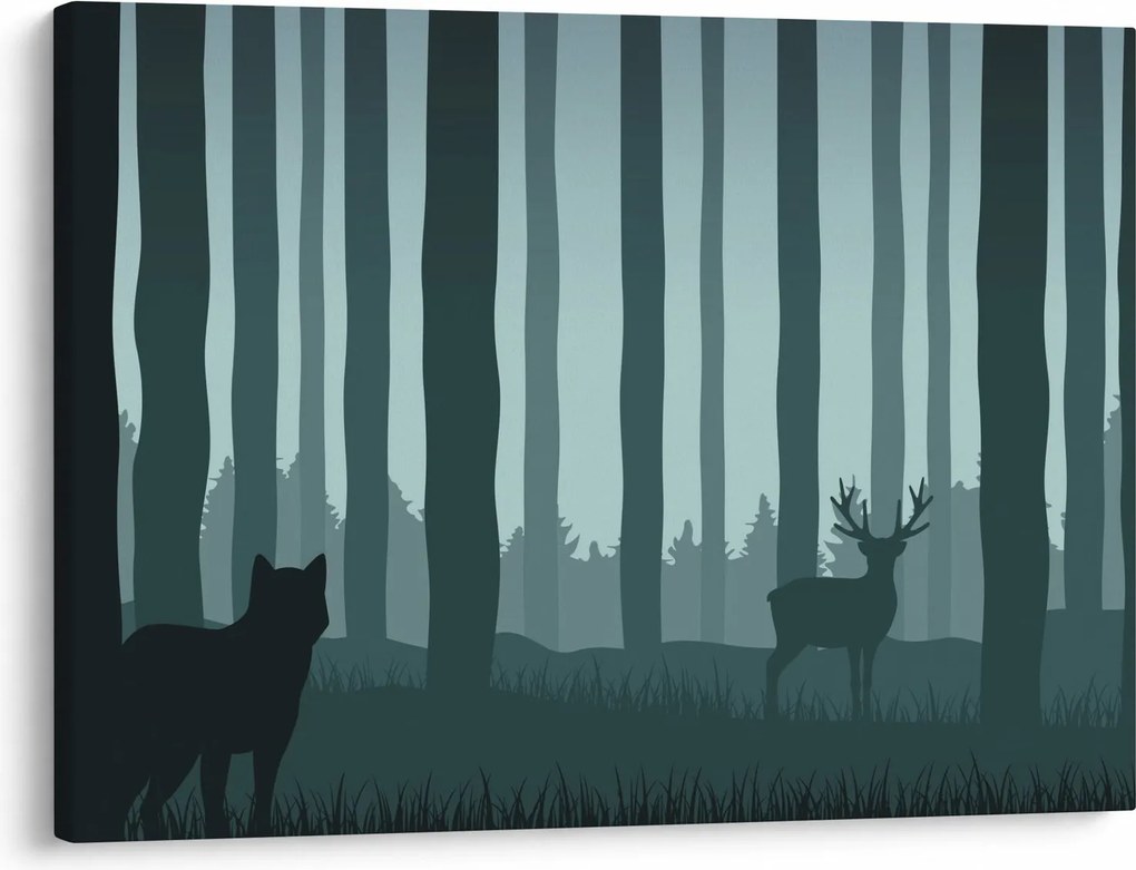 Obraz - Jeleň s vlkom v skalách (70x50 cm)