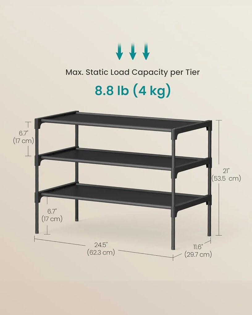 3-poschodový stojan na topánky 29,7 x 62,3 x 53,5 cm, čierny