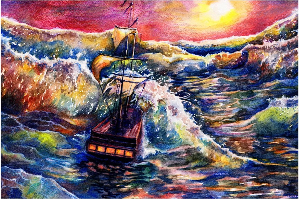 Obraz - Loď na oceánskych vlnách, aquarel (90x60 cm)