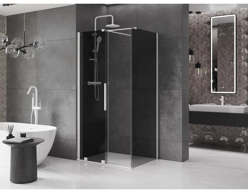 Mexen Velar, sprchový kút s posuvnými dverami 140 x 90 cm, 8mm šedé sklo, biela matná, 871-140-090-41-20