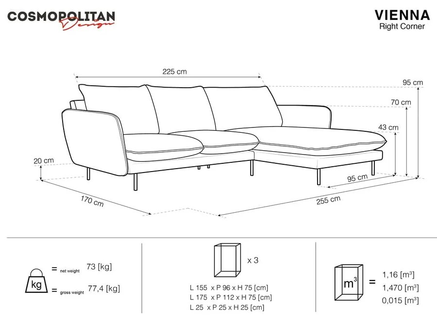 Tmavomodrá zamatová rohová pohovka (pravý roh) Vienna – Cosmopolitan Design