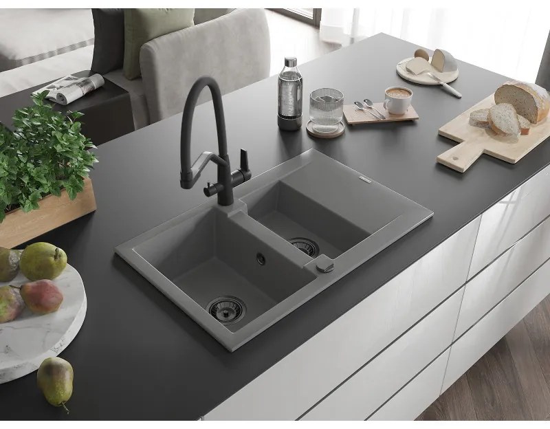 Mexen Gaspar, granitový drez 737x475x177 mm, 1,5-komorový a drezová batéria Duo, šedá, 6507-71-671701-70-B