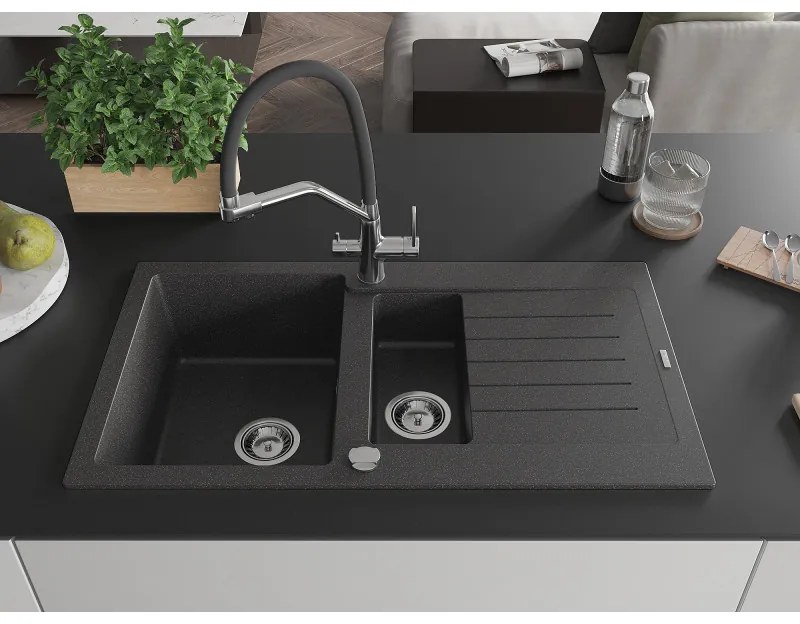Mexen Matias, granitový drez 900x505x200 mm, 1,5-komorový a drezová batéria Duo, čierna škvrnitá, 6502-76-671701-07