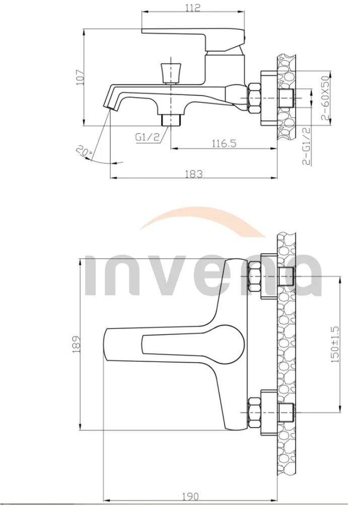 Invena Fira, nástenná vaňová batéria, čierna matná, BW-71-004-V