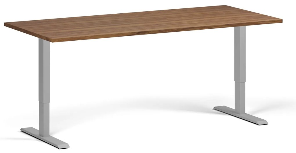 Výškovo nastaviteľný stôl, 180x80 cm, 1 motor, sivá podnož, orech