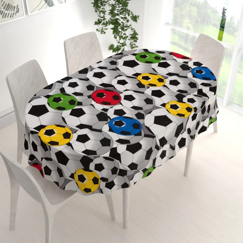 Biante Detský bavlnený oválny obrus Sandra SA-580 Farebné a sivé futbalové lopty 140x180 cm