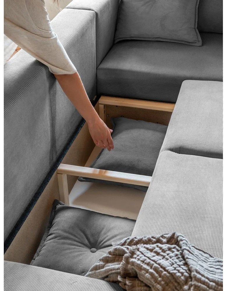 Sivá menčestrová rozkladacia rohová pohovka (pravý roh) Lazy Lukka – Miuform