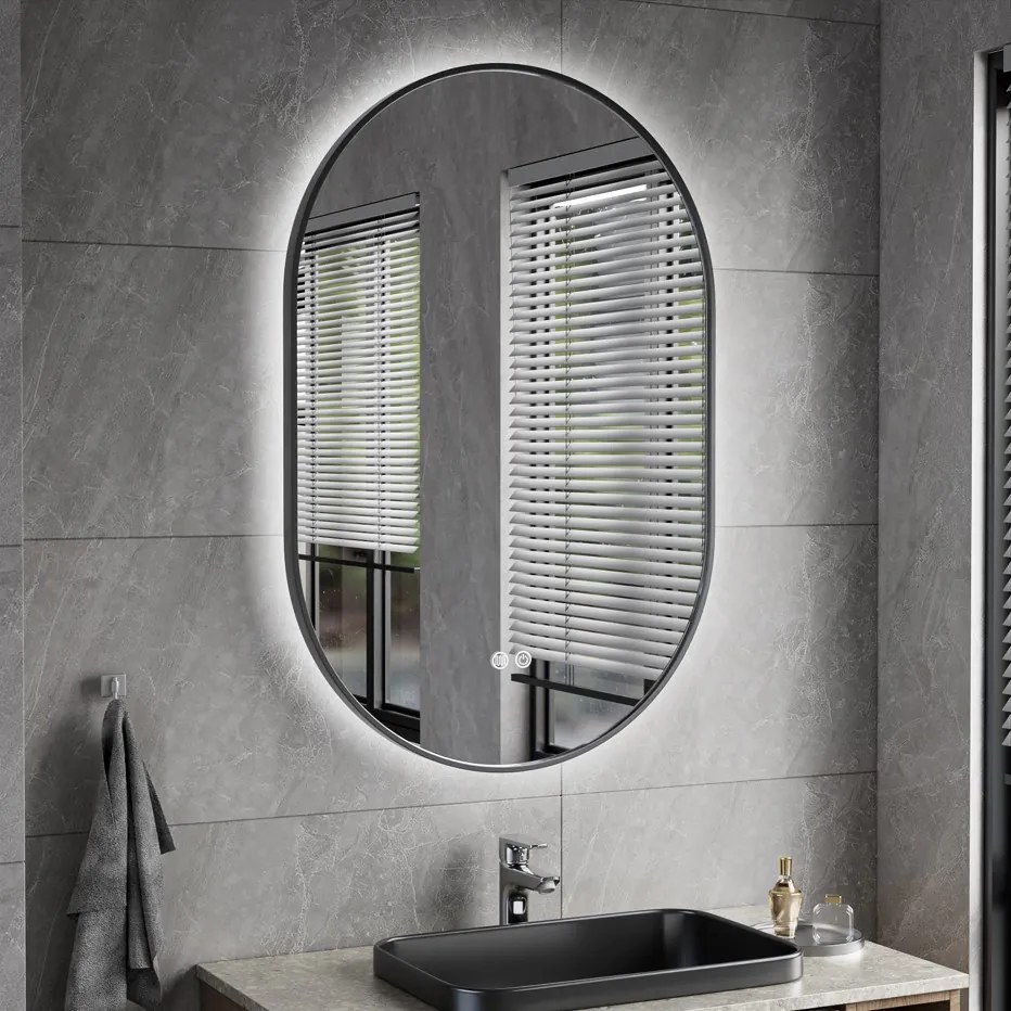 Erga Freya, oválne LED zrkadlo 60x90cm v čiernom kovovom ráme, 3 farby svetla, zadné osvetlenie, vyhrievacia podložka proti zapareniu, ERG-V01-FREYA-6090-BK