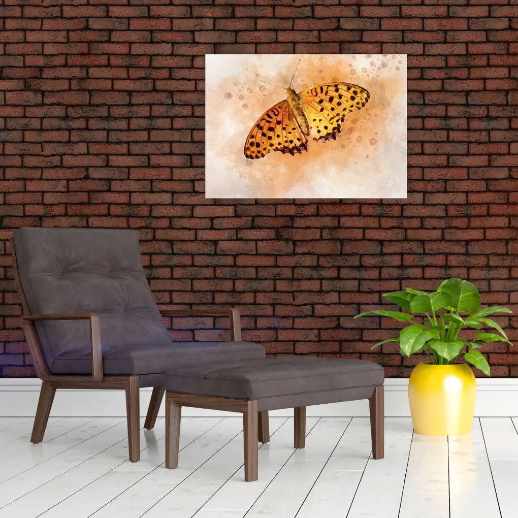 Sklenený obraz - Oranžový motýľ, aquarel (70x50 cm)