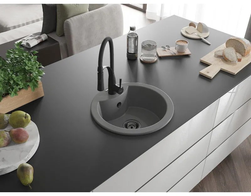 Mexen Diego, 1-komorový granitový drez 488x488x167 mm a drezová batéria Aster, šedá, 6512-71-73450-70-B