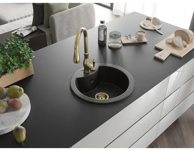 Mexen Diego, 1-komorový granitový drez 488x488x167 mm a drezová batéria Savita, čierna-zlatá metalíza, 6512-75-672601-50