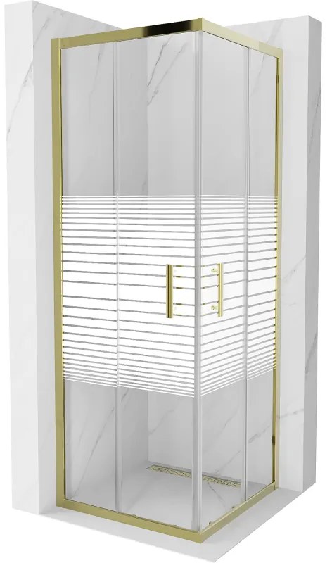 Mexen Rio, štvorcový sprchovací kút s posuvnými dverami 70(dvere) x 70(dvere) x 190 cm, 6mm číre sklo s pásikmi, zlatý profil, 860-070-070-50-20