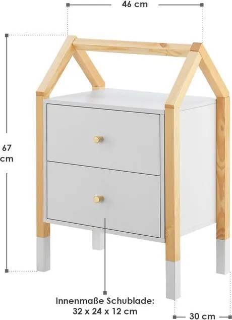 Detský nočný stolík, biely, dizajn domu, 2 zásuvky