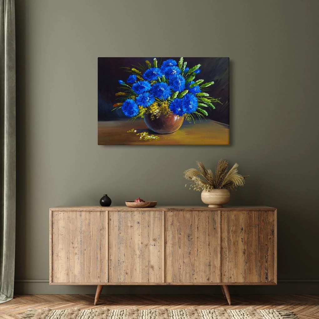 Obraz modrých kvetov vo váze (90x60 cm)