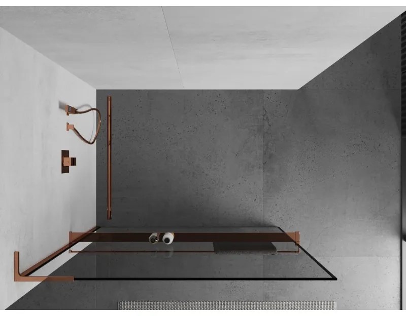 Mexen Kioto+ L, sprchová zástena Walk-In s poličkou a vešiakom 120 x 200 cm, 8mm číre sklo čierny vzor, ružové zlato profil, 800-120-123-60-70