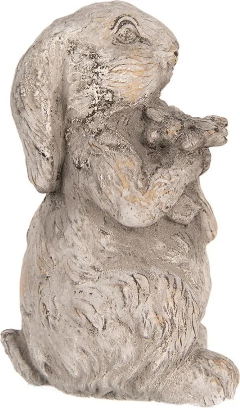 Šedá antik cementová dekorácia králik s kvetinou - 10*9*15 cm